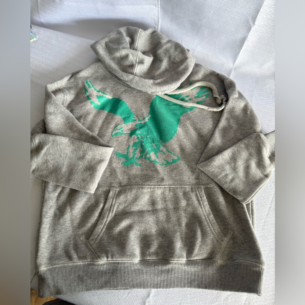 🦅 American Eagle Pullover Hoodie | Size Small | Gray with Teal Eagle Graphic